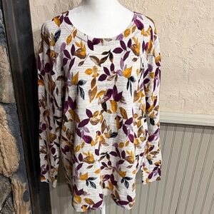 CJ Banks Multicolor Leaf Print Long Sleeve Top